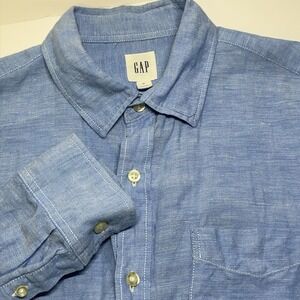 GAP Mens Linen Cotton Shirt Medium Light Blue Standard Fit‎ Summer Lightweight